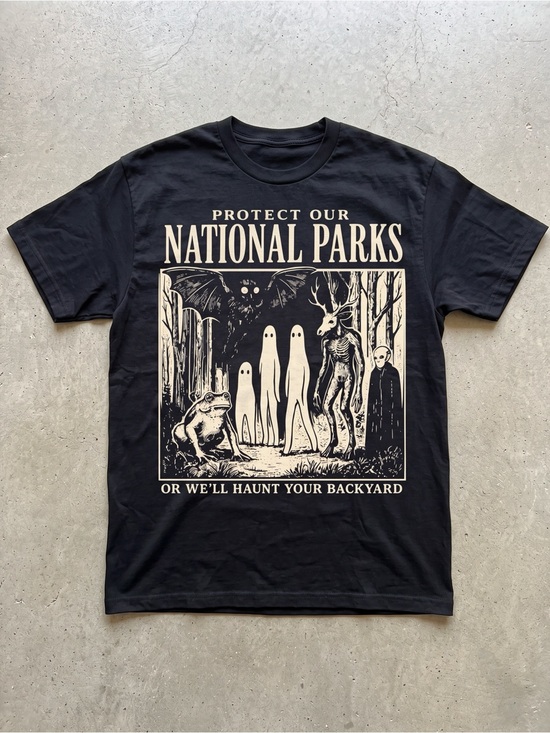 Gildan Tops - Protect Our National Parks Cryptid Haunt Your Backyard Parody Black T-Shirt